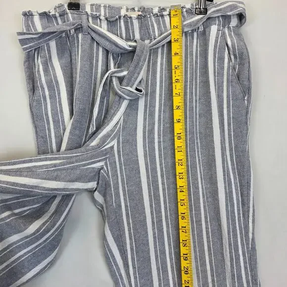 Loft Wide Leg Linen Pants Women M Gray White Striped Slash Pockets Tie Waist - Picture 5 of 11